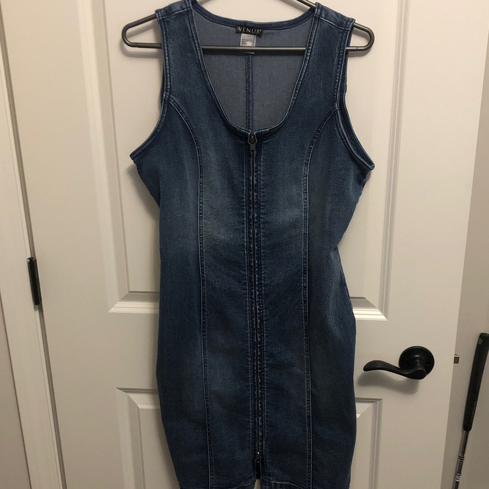 Venus Washed Blue Denim Zip-Front Midi Dress Size 10